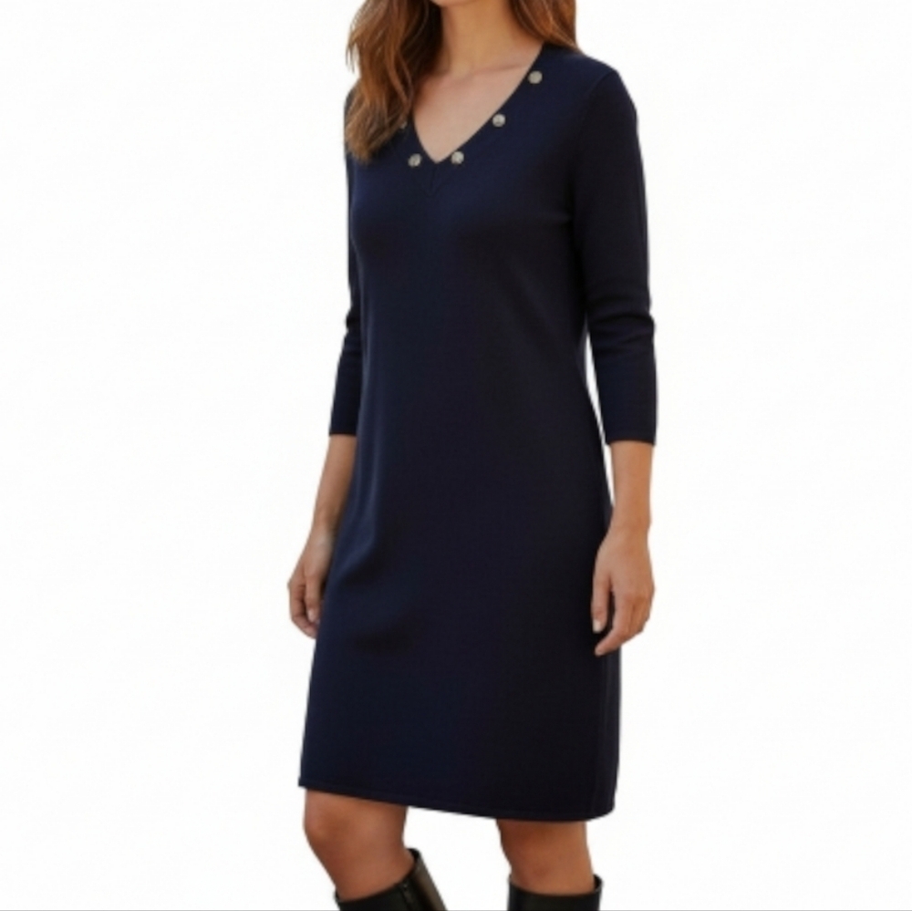 Catherine Malandrino Sweater Dress Size L Grommet V Neck 3/4 Sleeve Black Knit